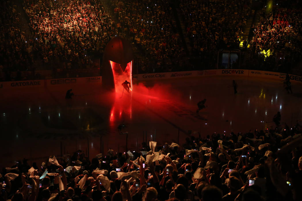 Vegas Golden Knights take the ice for Game 2 of the NHL hockey Stanley Cup Final against Washin ...