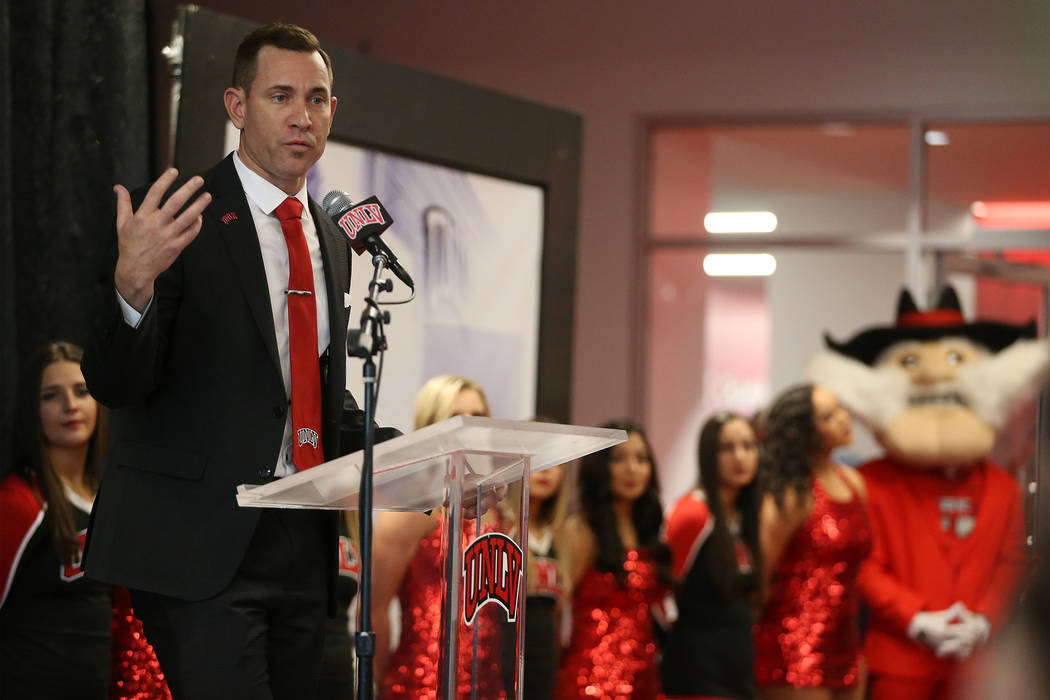 UNLV's new football head coach Marcus Arroyo speaks during a press conference at UNLV's Fertitt ...