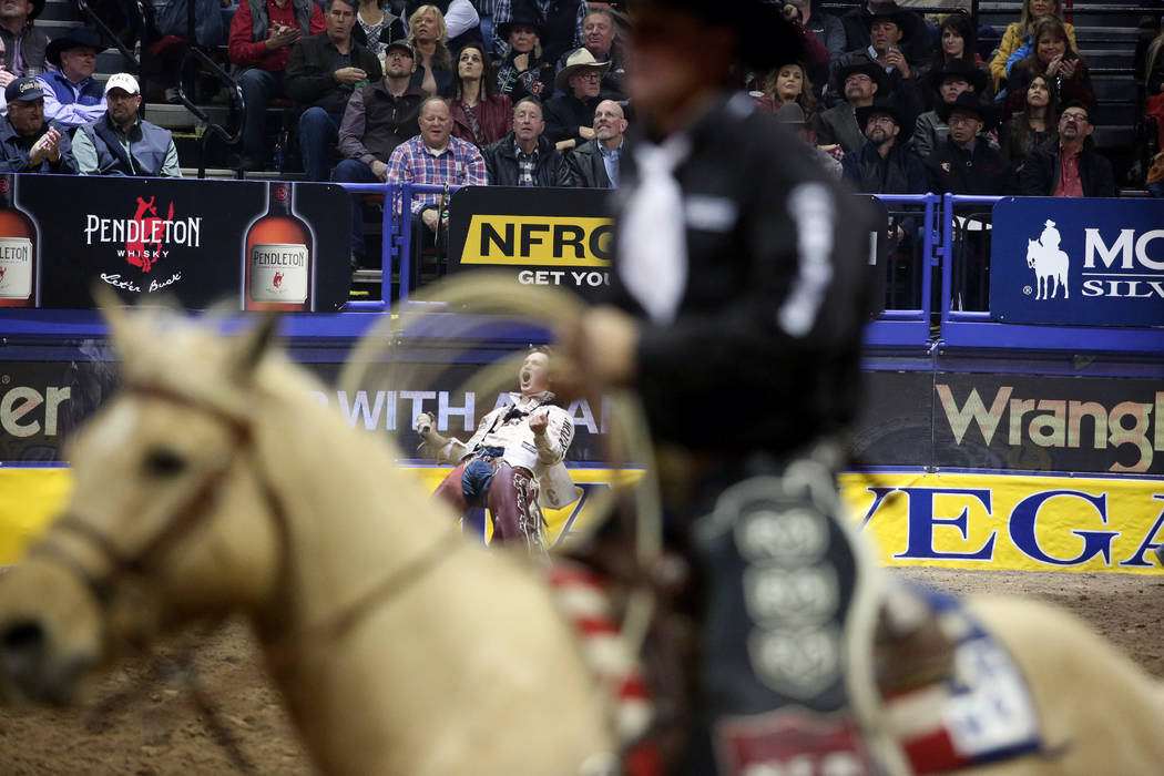 Clayton Biglow of Clements, Calif. celebrates after placing first in bareback riding in the eig ...