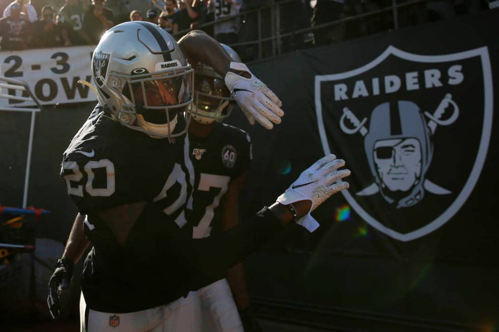 Oakland Raiders cornerback Daryl Worley (20) celebrates after intercepting a pass against the D ...