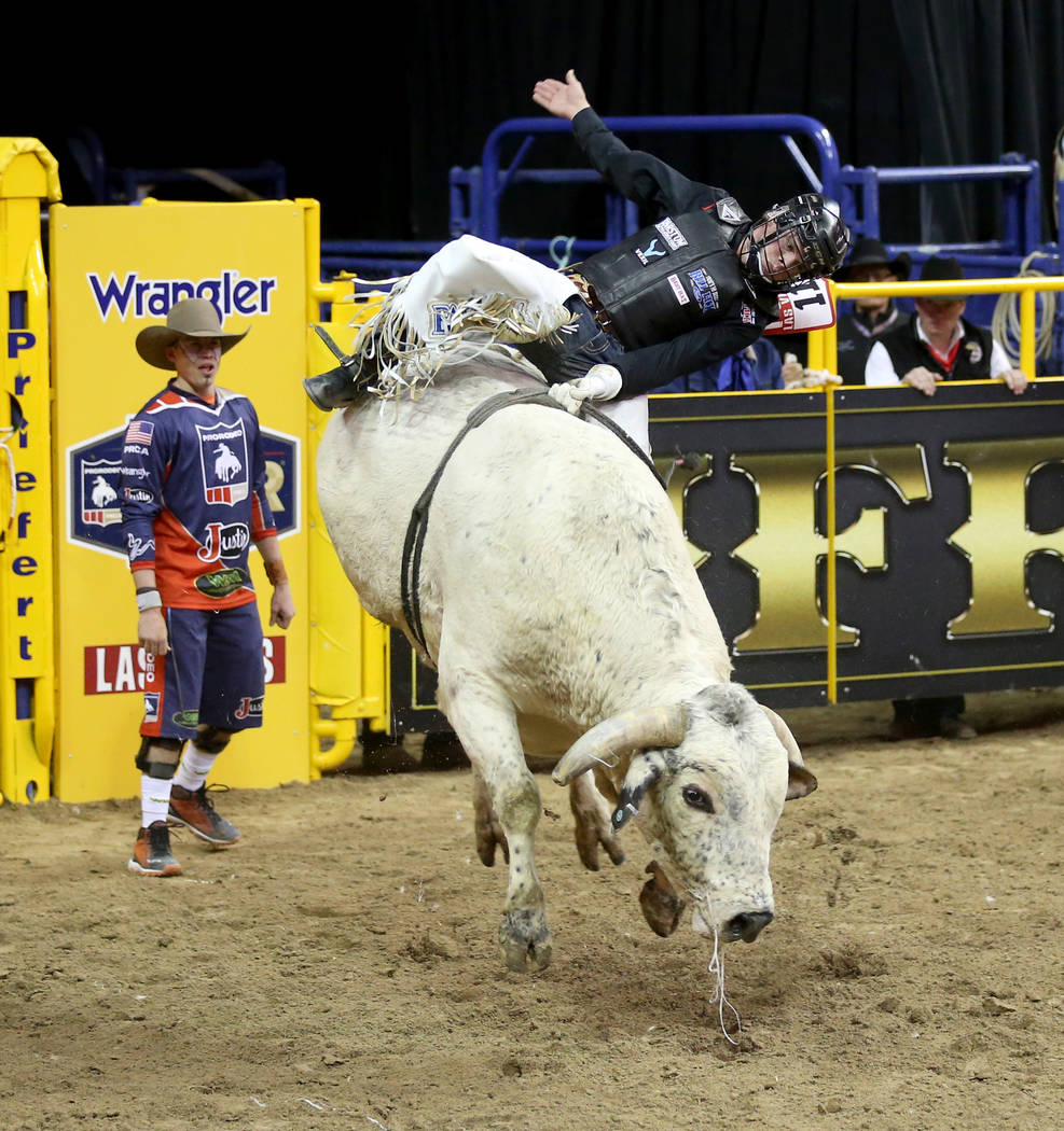 Boudreaux Campbell of Crockett, Texas rides Goofy during the ninth go-around of the Wrangler Na ...