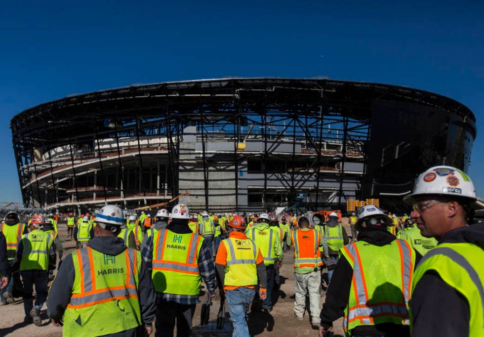 Construction continues on Allegiant Stadium on Thursday, Dec. 19, 2019, in Las Vegas. (Benjamin ...