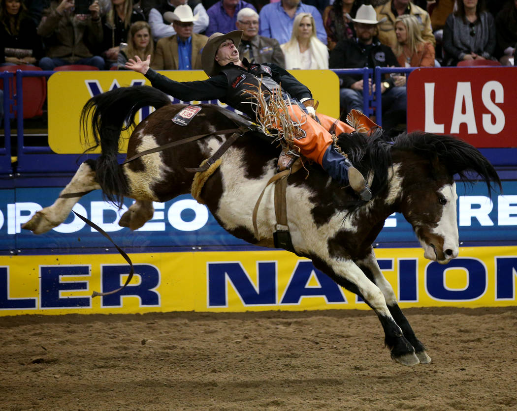 Clint Laye of Canada rides Life Jacket in the Bareback Riding competition during the ninth go-a ...
