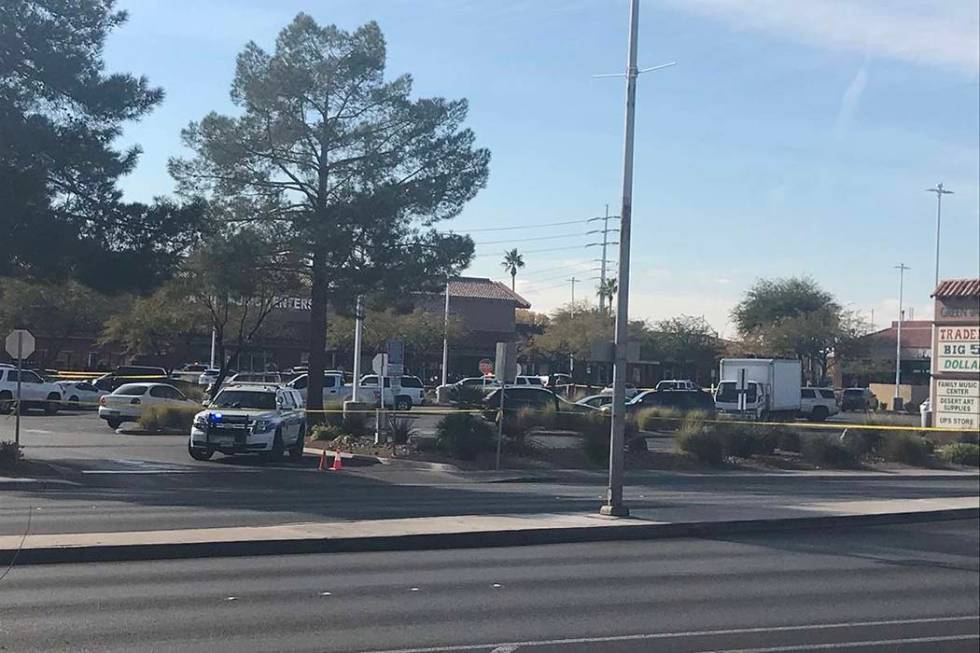 Henderson police investigate an officer-involved shooting at the Green Valley Plaza shopping ce ...