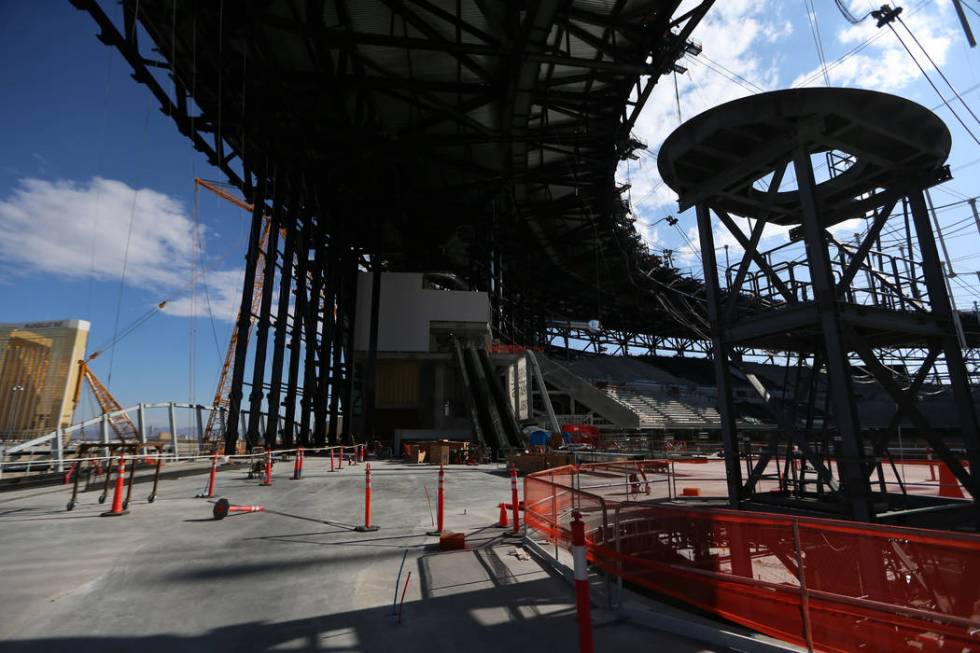 Construction of the Al Davis memorial torch at the Raiders Allegiant Stadium site in Las Vegas, ...