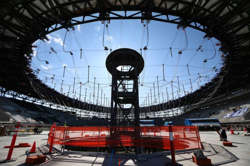 Construction of the Al Davis memorial torch at the Raiders Allegiant Stadium site in Las Vegas, ...