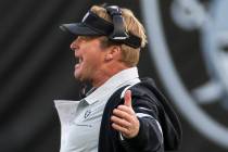 Oakland Raiders head coach Jon Gruden argues a call in the fourth quarter during an NFL footbal ...