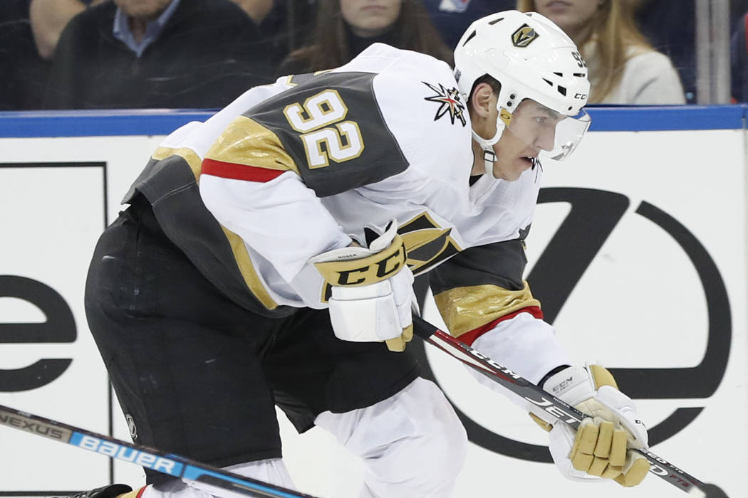 Vegas Golden Knights left wing Tomas Nosek (92) skates with the puck during the first period of ...