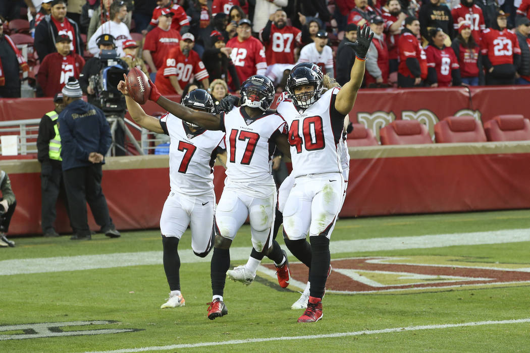 Atlanta Falcons' Olamide Zaccheaus (17) celebrates after scoring against the San Francisco 49er ...