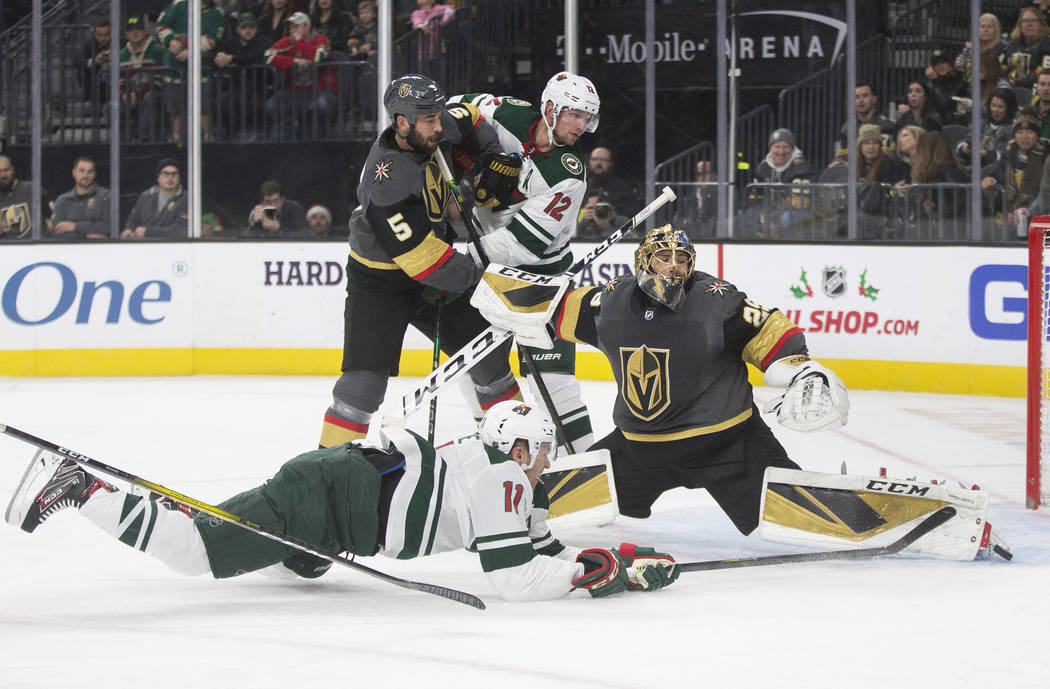 Vegas Golden Knights goaltender Marc-Andre Fleury (29) makes a save against Minnesota Wild left ...