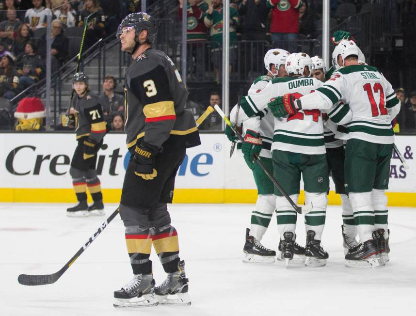 Minnesota Wild center Eric Staal (12) and Minnesota Wild defenseman Matt Dumba (24) celebrate a ...