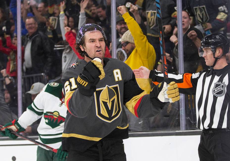 Vegas Golden Knights right wing Mark Stone (61) celebrates after teammate Chandler Stephenson ( ...