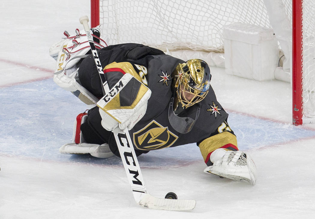 Vegas Golden Knights goaltender Marc-Andre Fleury (29) makes a save in the third period of an N ...