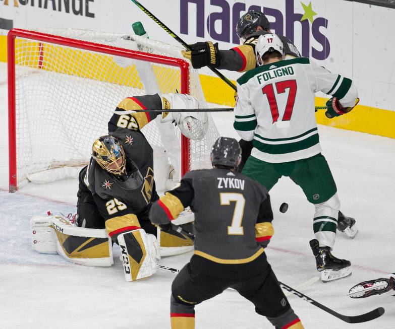 Vegas Golden Knights goaltender Marc-Andre Fleury (29) makes a save against Minnesota Wild left ...