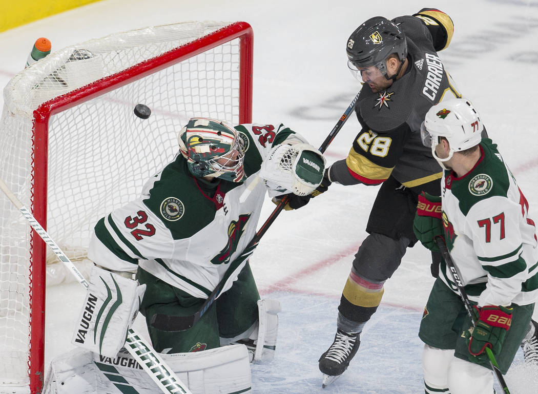 Vegas Golden Knights left wing William Carrier (28) assist's on a goal against Minnesota Wild g ...