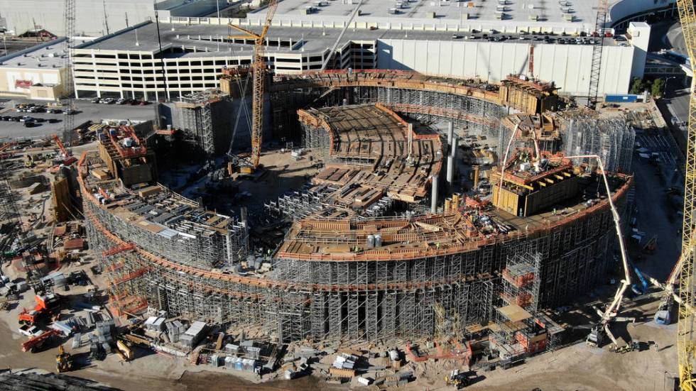 An aerial view of the Madison Square Garden Sphere under construction next to the Sands Expo Co ...