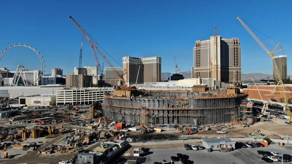 An aerial view of the Madison Square Garden Sphere under construction next to the Sands Expo Co ...