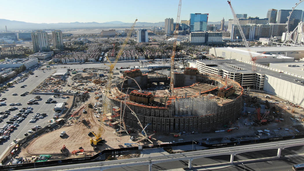 An aerial view of the Madison Square Garden Sphere under construction next to the Sands Expo Co ...