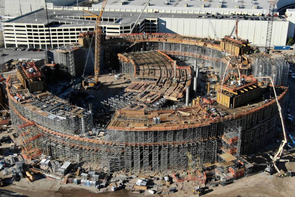 An aerial view of the Madison Square Garden Sphere under construction next to the Sands Expo Co ...