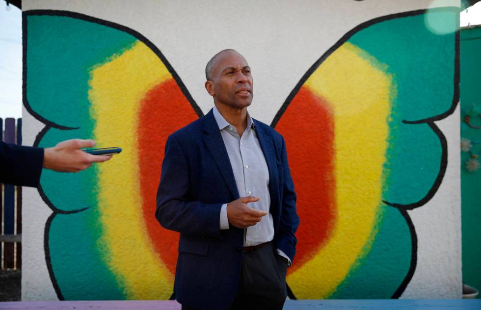 Democratic presidential candidate former Massachusetts Gov. Deval Patrick speaks with the media ...