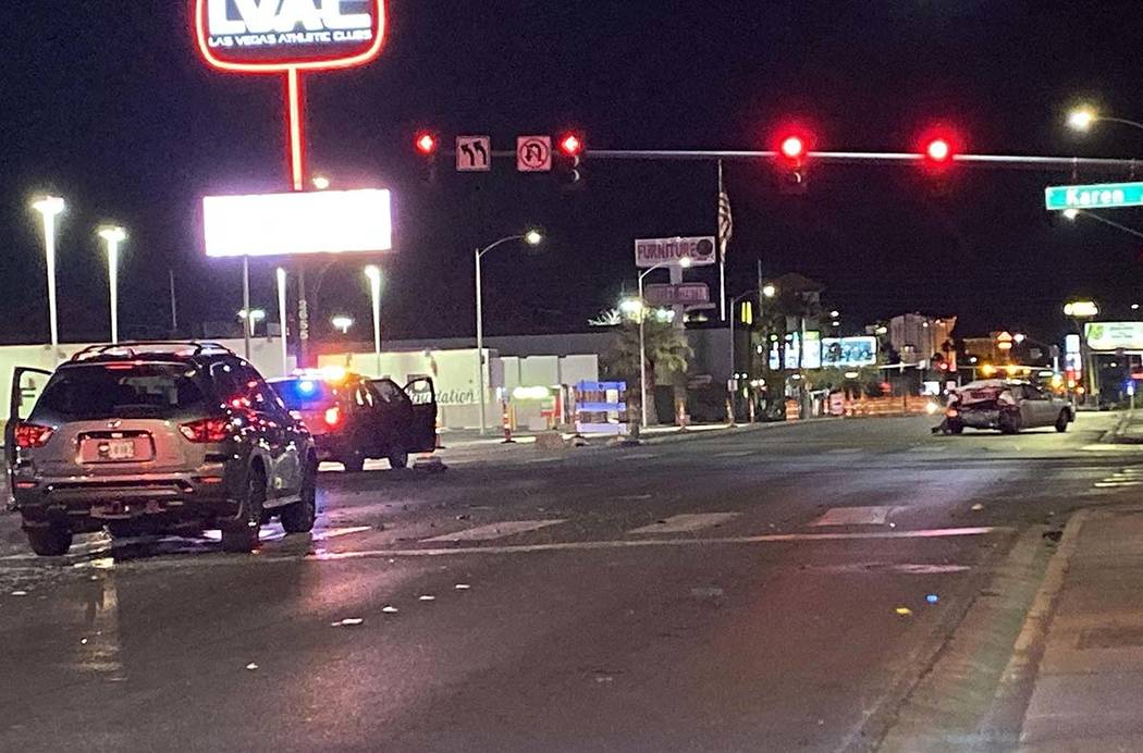 Police investigate a suspected DUI crash at Maryland Parkway and Karen Avenue in east Las Vegas ...