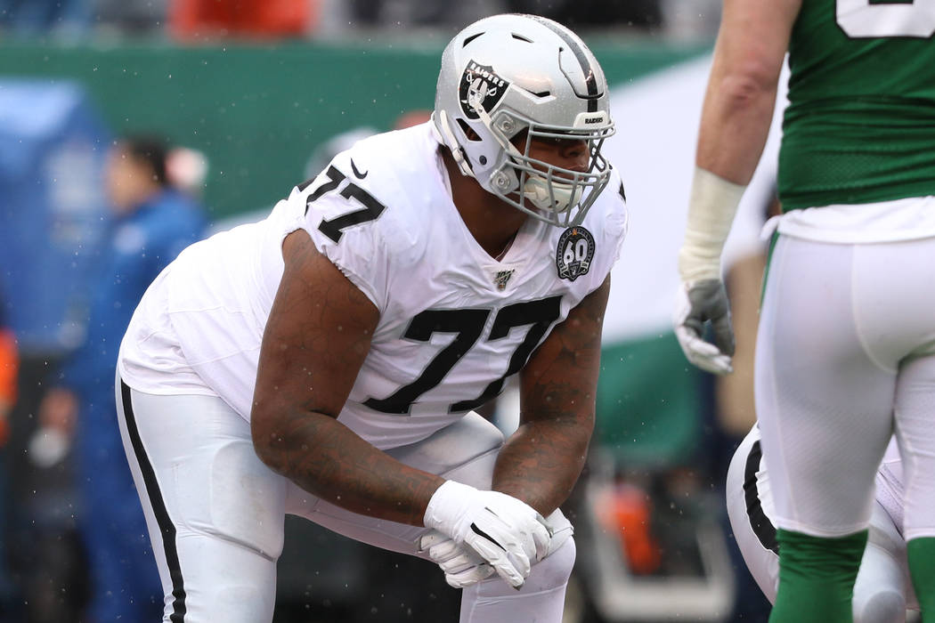 Oakland Raiders offensive tackle Trent Brown (77) sets on the line scrimmage opposite New York ...
