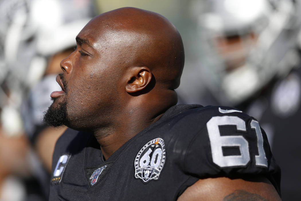 Oakland Raiders center Rodney Hudson during the first half of an NFL football game in Oakland, ...