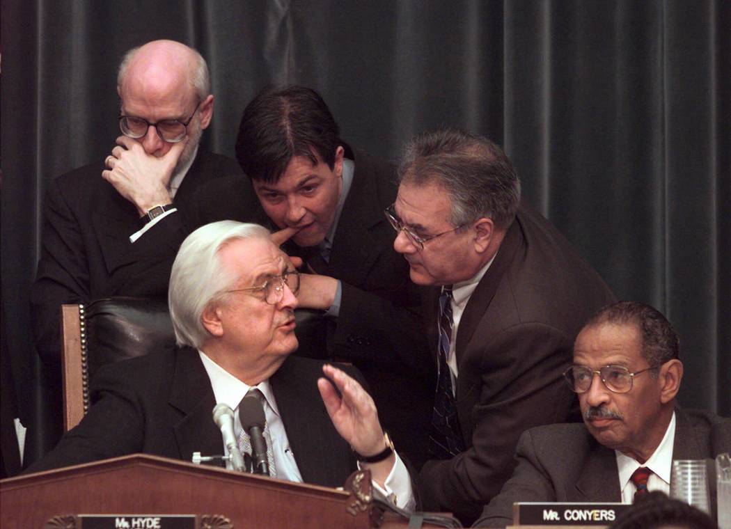 House Judiciary Committee member Rep. Barney Frank, D-Mass., second from right, confers with co ...