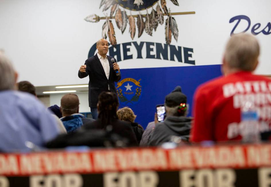 Democratic presidential candidate Cory Booker speaks at Cheyenne High School on Wednesday, Dec. ...