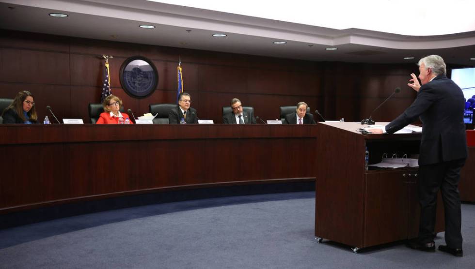 Attorney Donald Campbell appears on behalf of Steve Wynn before the Nevada Gaming Commission, f ...