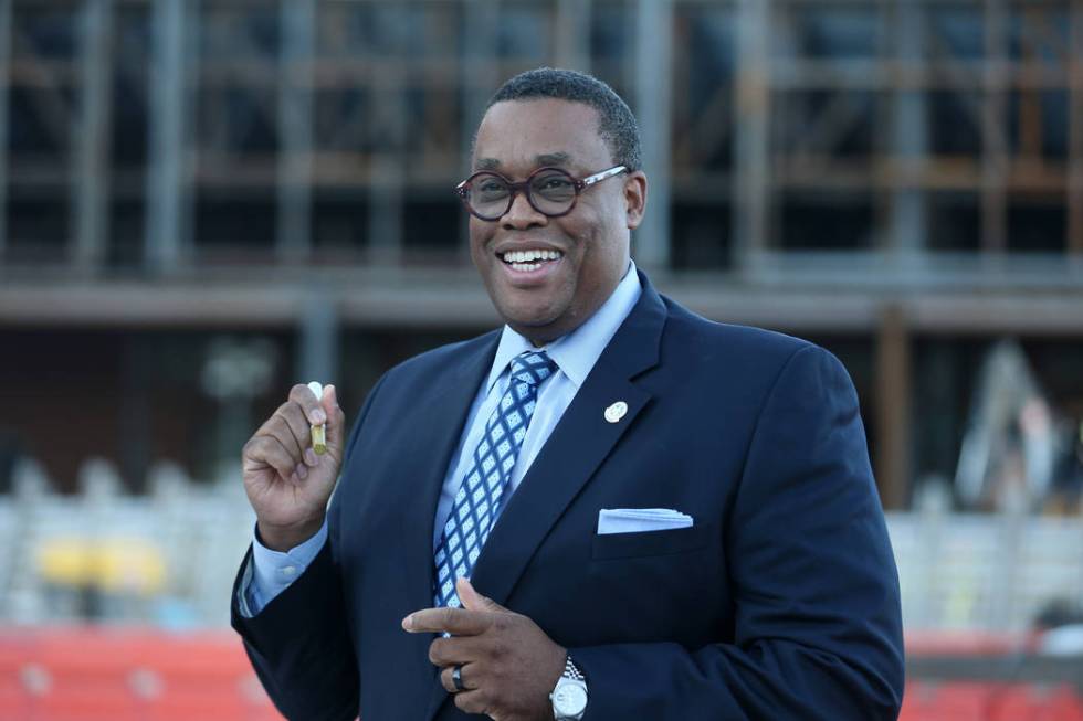 Las Vegas Councilman Cedric Crear speaks during a topping-off ceremony for the Expo at World Ma ...