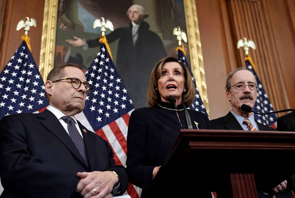 Speaker of the House Nancy Pelosi, D-Calif., flanked by House Judiciary Committee Chairman Jerr ...