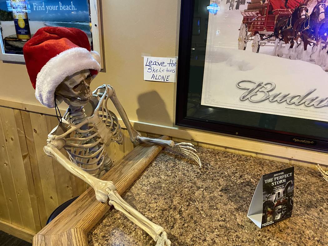 A holiday skeleton inside the famous Wagon Wheel Lounge in Lava Hot Springs, Idaho. (John Katsi ...