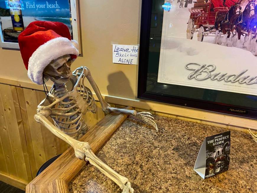 A holiday skeleton inside the famous Wagon Wheel Lounge in Lava Hot Springs, Idaho. (John Katsi ...