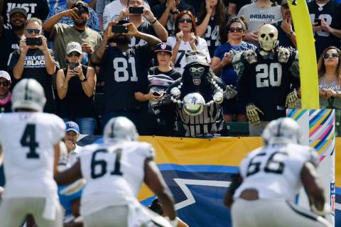 Oakland Raiders fans look on during the first half of an NFL football game against the Los Ange ...