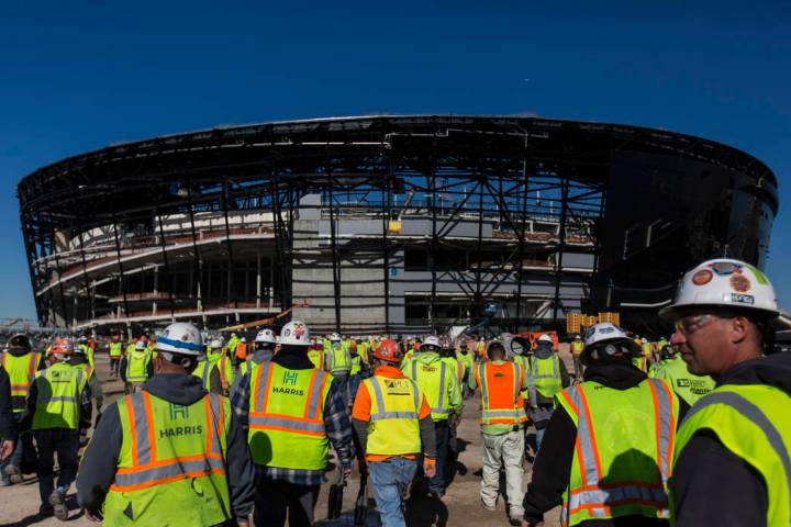 Construction continues on Allegiant Stadium on Thursday, Dec. 19, 2019, in Las Vegas. (Benjamin ...