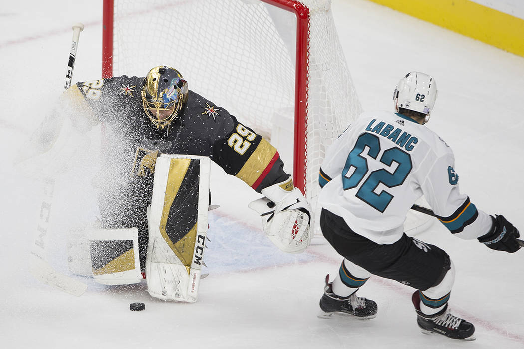 Vegas Golden Knights goaltender Marc-Andre Fleury (29) makes a save against San Jose Sharks rig ...