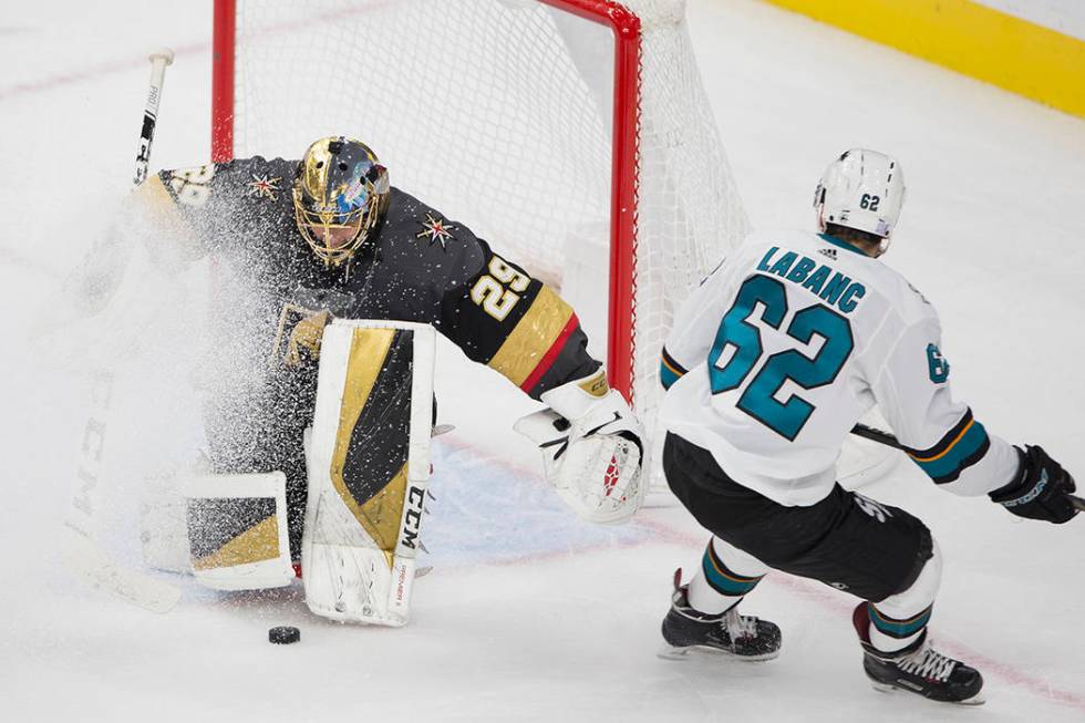 Vegas Golden Knights goaltender Marc-Andre Fleury (29) makes a save against San Jose Sharks rig ...