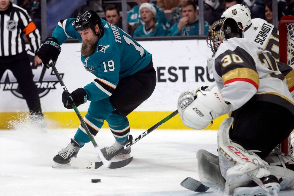 San Jose Sharks center Joe Thornton (19) skates toward Vegas Golden Knights goaltender Malcolm ...