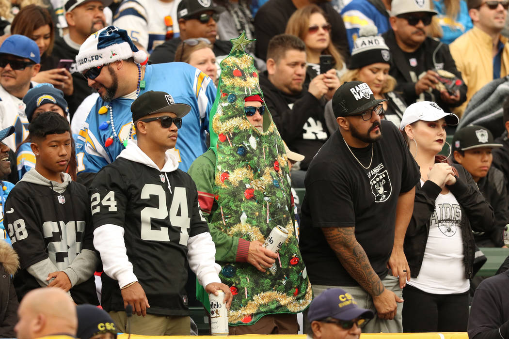 Oakland Raiders fans watch the team play the Los Angeles Chargers during the first half of an N ...