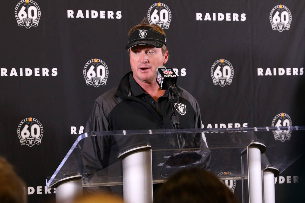 Oakland Raiders head coach Jon Gruden answers questions during a postgame press conference afte ...