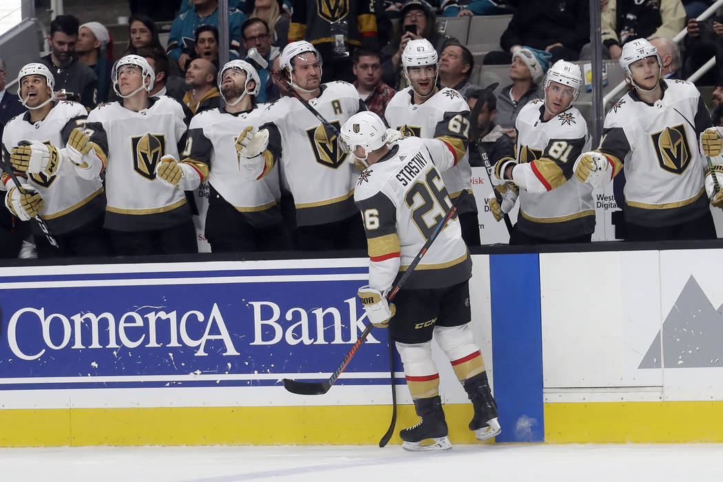 Vegas Golden Knights center Paul Stastny (26) is congratulated by teammates after scoring a goa ...