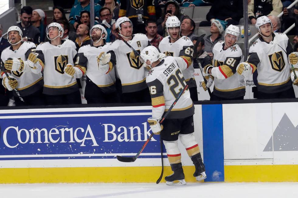 Vegas Golden Knights center Paul Stastny (26) is congratulated by teammates after scoring a goa ...