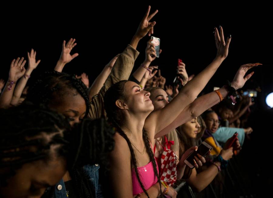 Fans cheer for Lil Uzi Vert on the Roll the Dice stage during the Day N Vegas music festival on ...