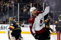 Colorado Avalanche center Pierre-Edouard Bellemare (41) celebrates after scoring past Vegas Gol ...