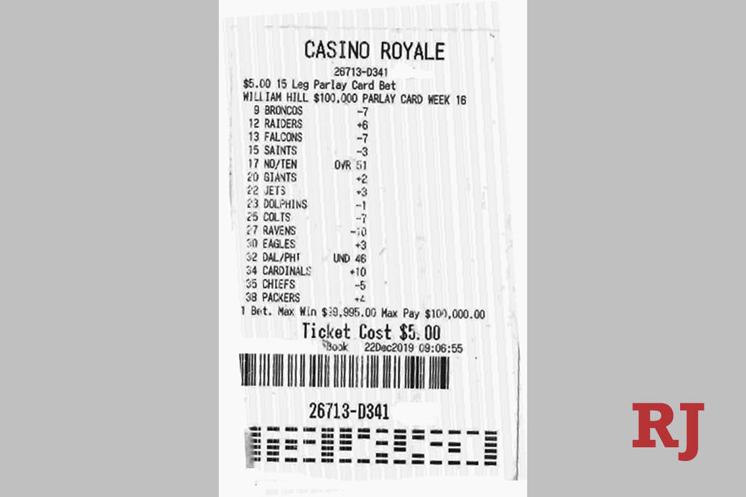 A bettor at Casino Royale won $100,000 on a $5, 15-team NFL parlay over the weekend. (William Hill)