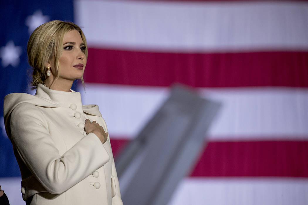 Ivanka Trump stands on stage during the playing of the National Anthem before President Donald ...