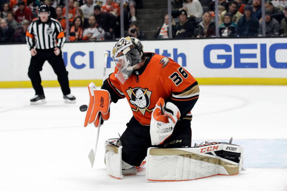 Anaheim Ducks goaltender John Gibson (36) stops a shot during the first period of an NHL hockey ...