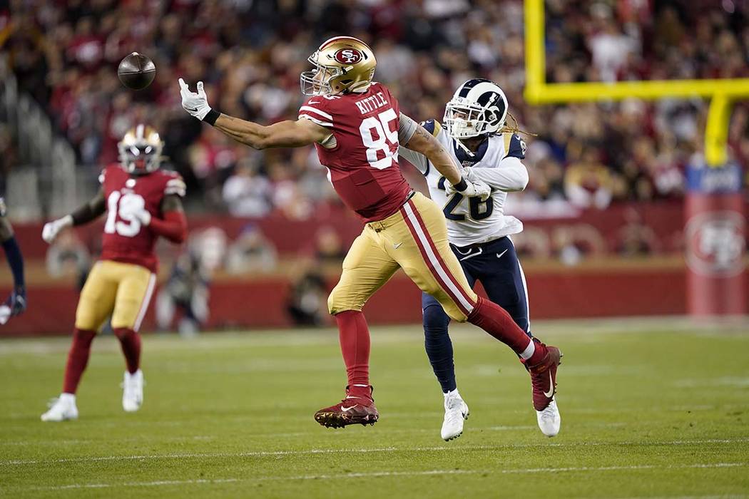 San Francisco 49ers tight end George Kittle (85) cannot catch a pass in front of Los Angeles Ra ...