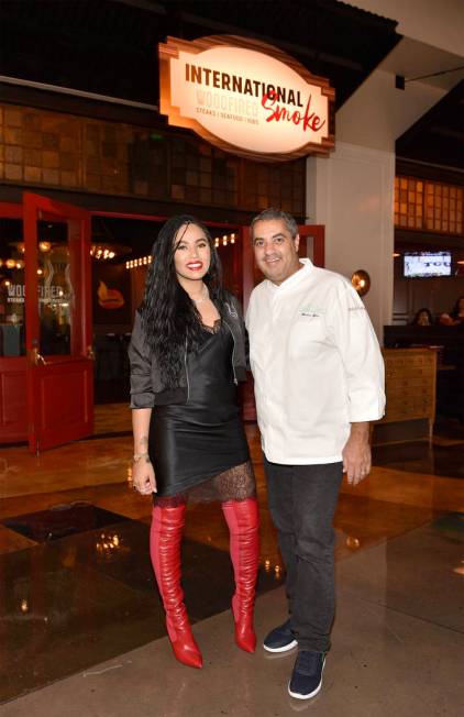 Ayesha Curry and Michael Mina at the opening of International Smoke at MGM Grand on Dec. 30, 20 ...